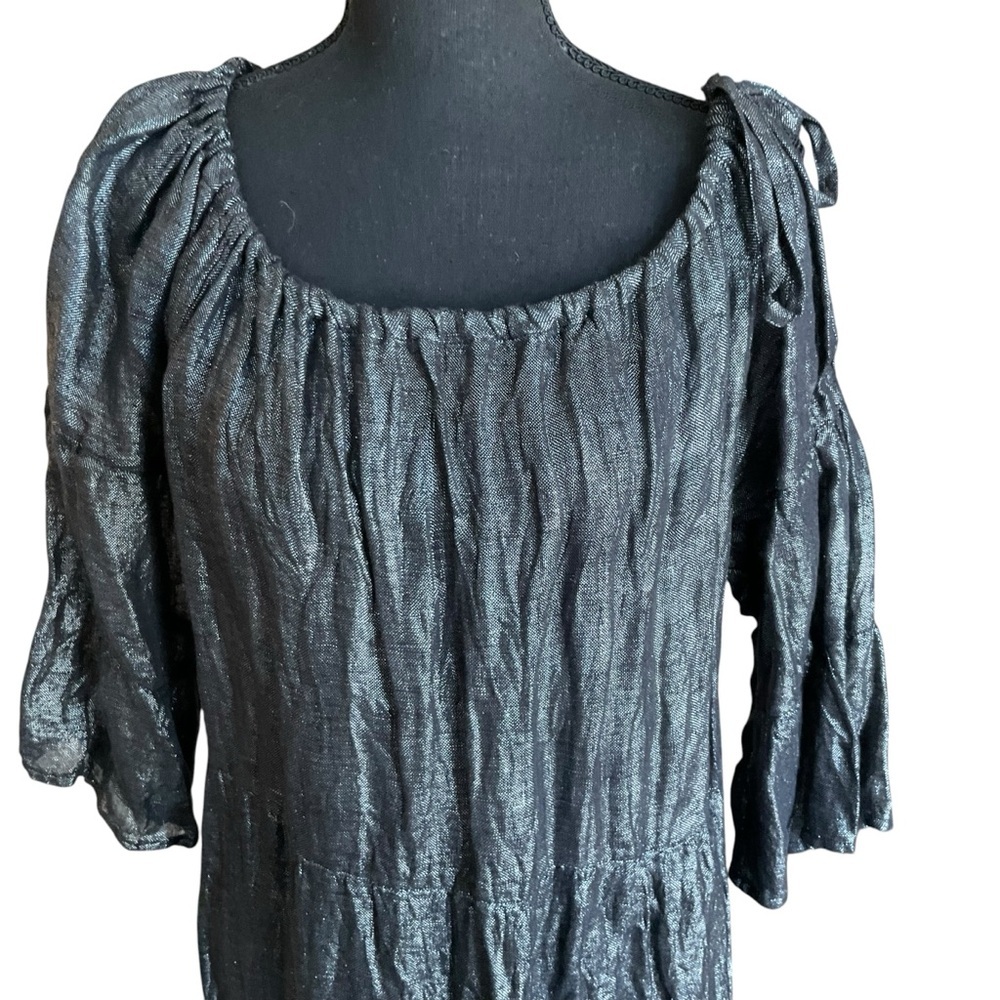 Zyga Ferry Black Linen Dress Size S Metallic Shimmer Boho Peasant Midi - Picture 4 of 10
